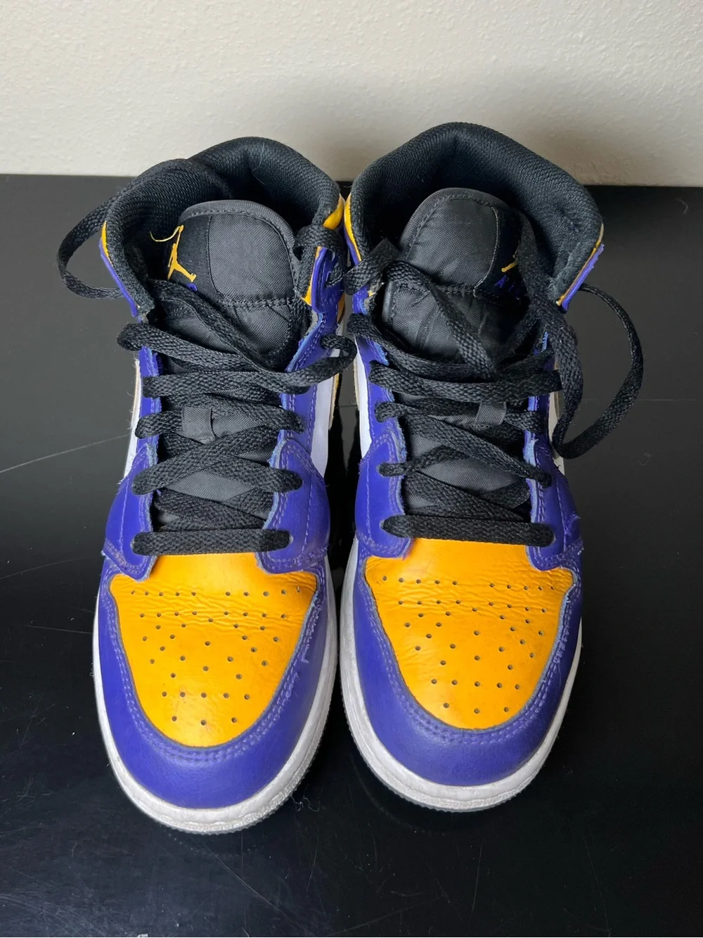 Nike Air Jordan 1 Mid Lakers GS Size 5Y Purple Gold Sneakers